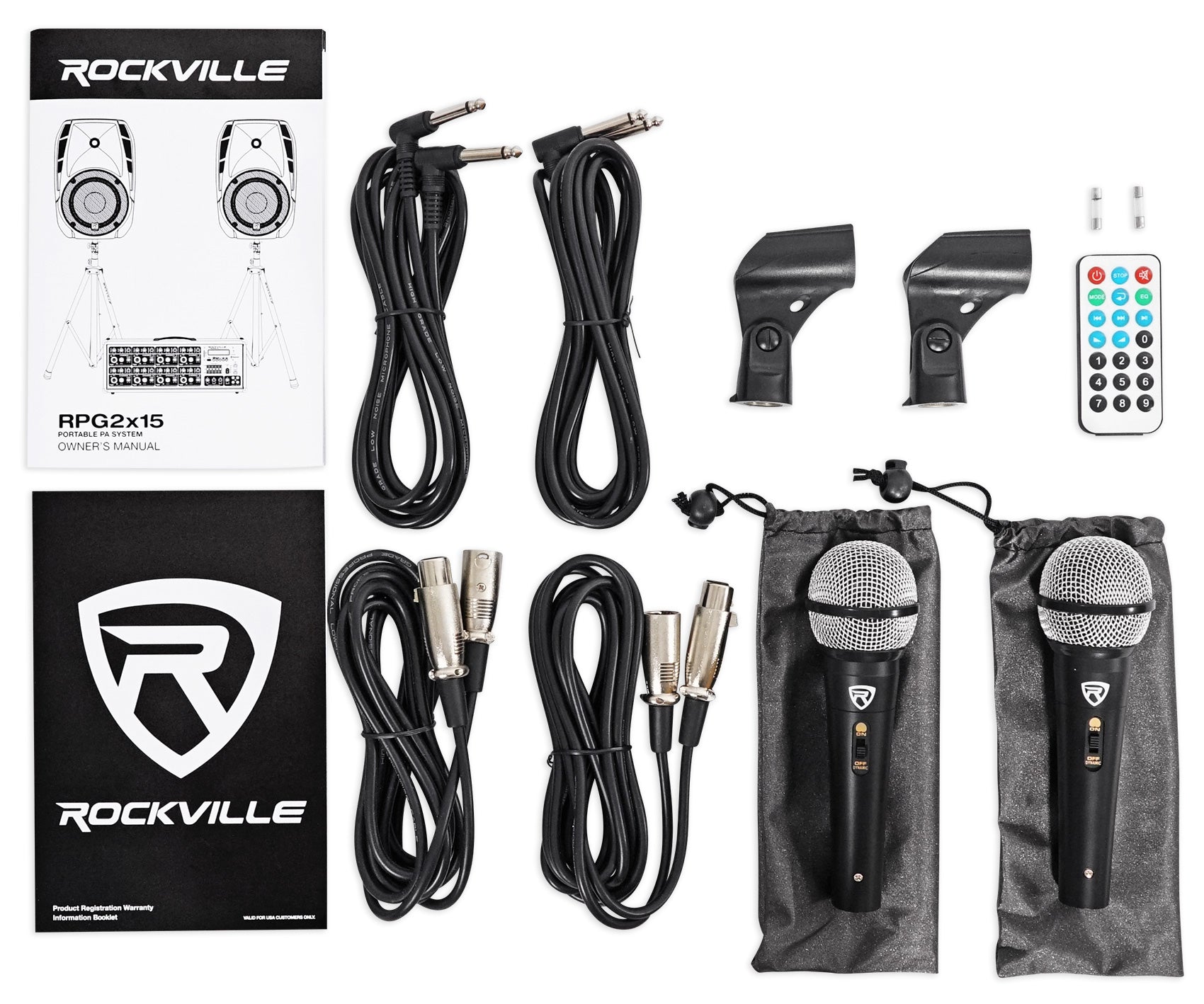 RPG2X15 Package PA System Mixer/Amp+15" Speakers+Stands+Mics+Bluetooth
