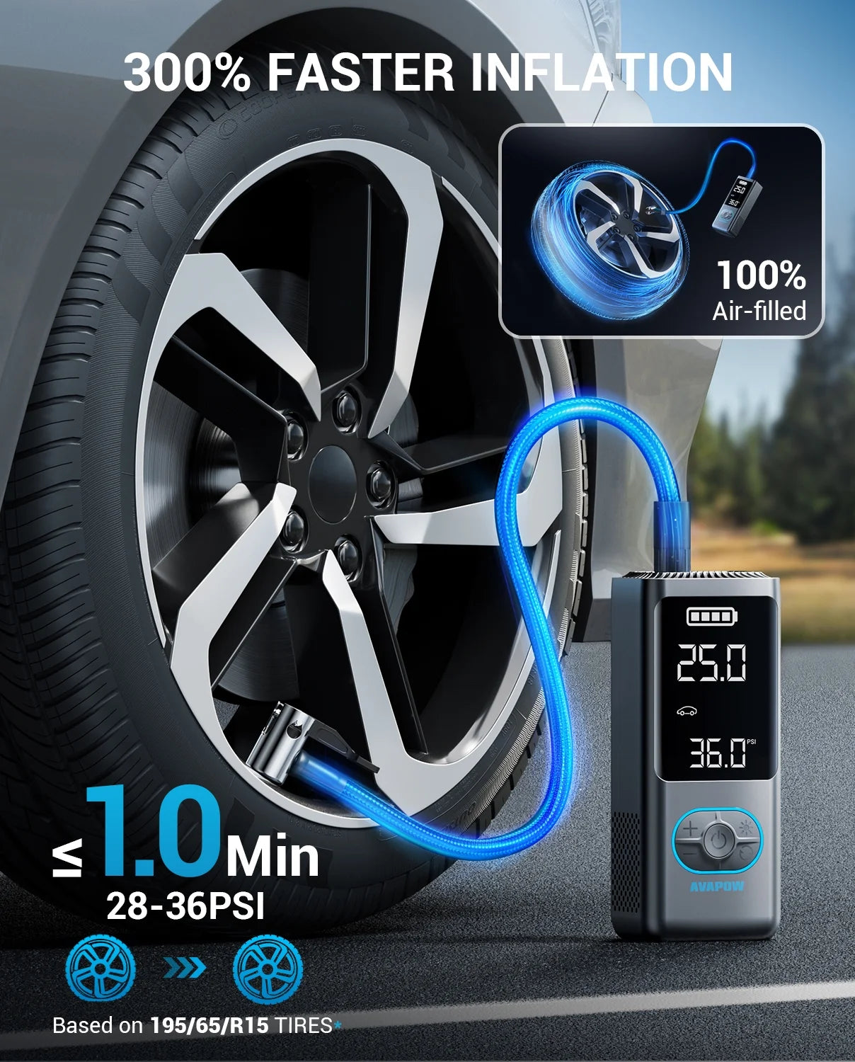 Cordless Tire Inflator Portable Air Compressor, Air Pump with Auto Shutoff, LED Light and Digital Pressure Gauge, 150PSI, 8000Mah Long Range Battery, Electric Pump for Car/Bike/Motorcycle/Ball