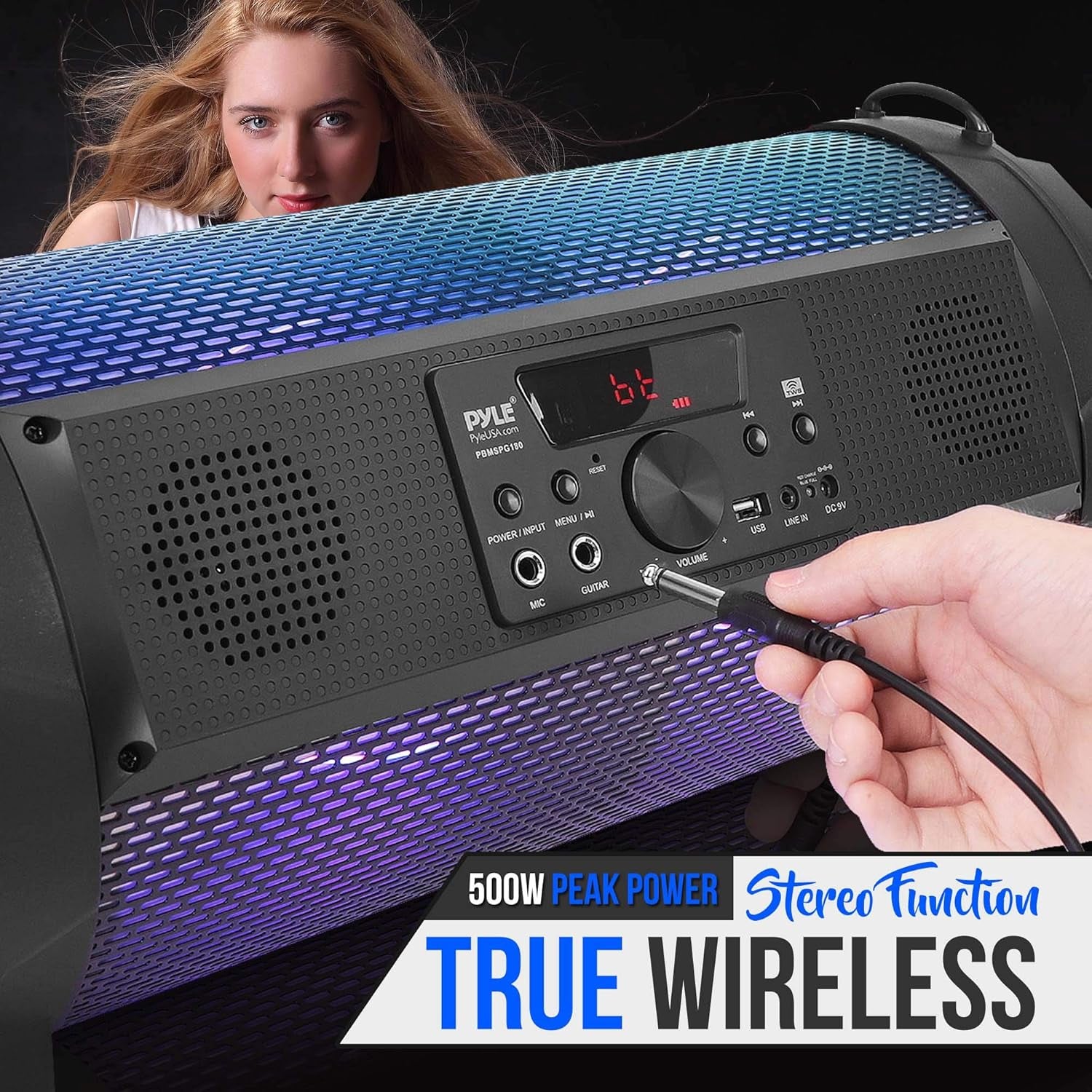Wireless Portable Bluetooth Boombox Speaker - 500W 2.1Ch Rechargeable Boom Box Speaker Portable Barrel Loud Stereo System with Flashing LED, Digital LCD Display, AUX, USB, 1/4" Mic IN