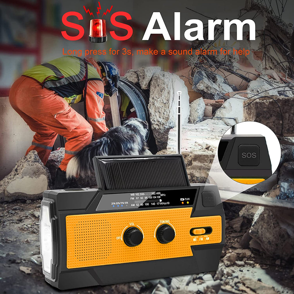 6000Mah Emergency Weather Radio, Solar Hand Crank Portable NOAA Weather Radio with 1W Flashlight & Motion Sensor Reading Lamp, Cell Phone Charger, and SOS Alarm, for Home and Emergency