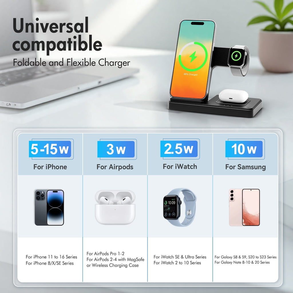 Charging Station,Wirelss Charger,Magnetic Charging Station Compatible with Iphone 17 16 15 14 13 12 11 Pro Max XS Xr,For Iwatch Series 9 8 7 6 5 4 3 2 Se,For Airpods 3 2 Pro,Black,No Adapter